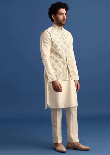 Off White Kurta Jacket Set With Zari Embroidery For Men