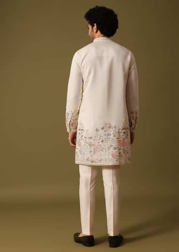 Off White Kurta Set In Resham Work For Men