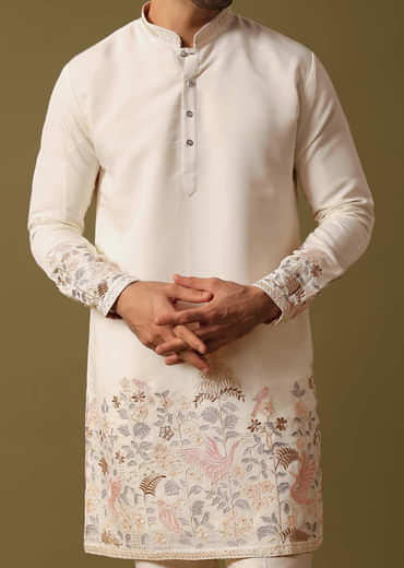 Off White Kurta Set In Resham Work For Men
