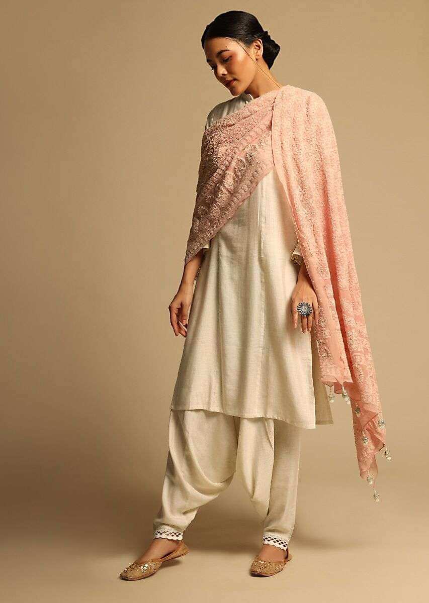 Off White Kurta Set In Cowl Pants Without Dupatta