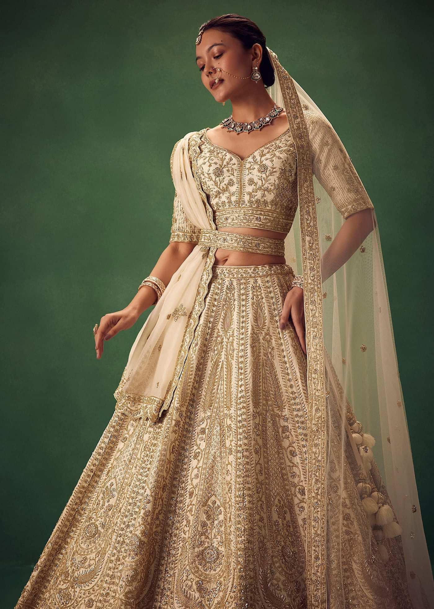 Off White Lehenga Set With Zari And Sequins Work