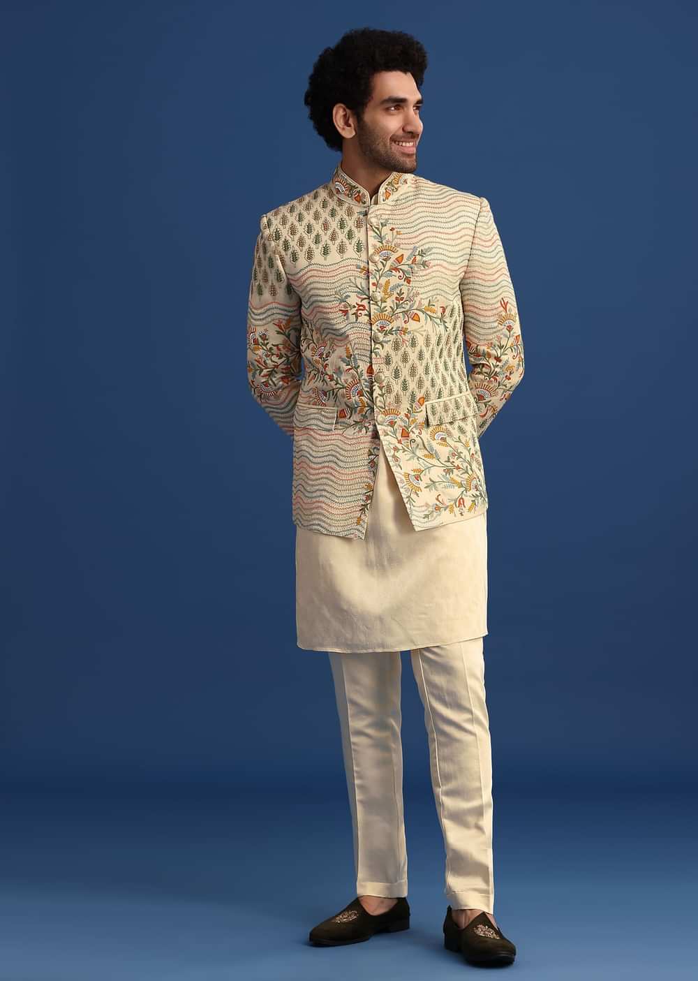 Off White Linen Satin Embroidered Jacket And Kurta Set