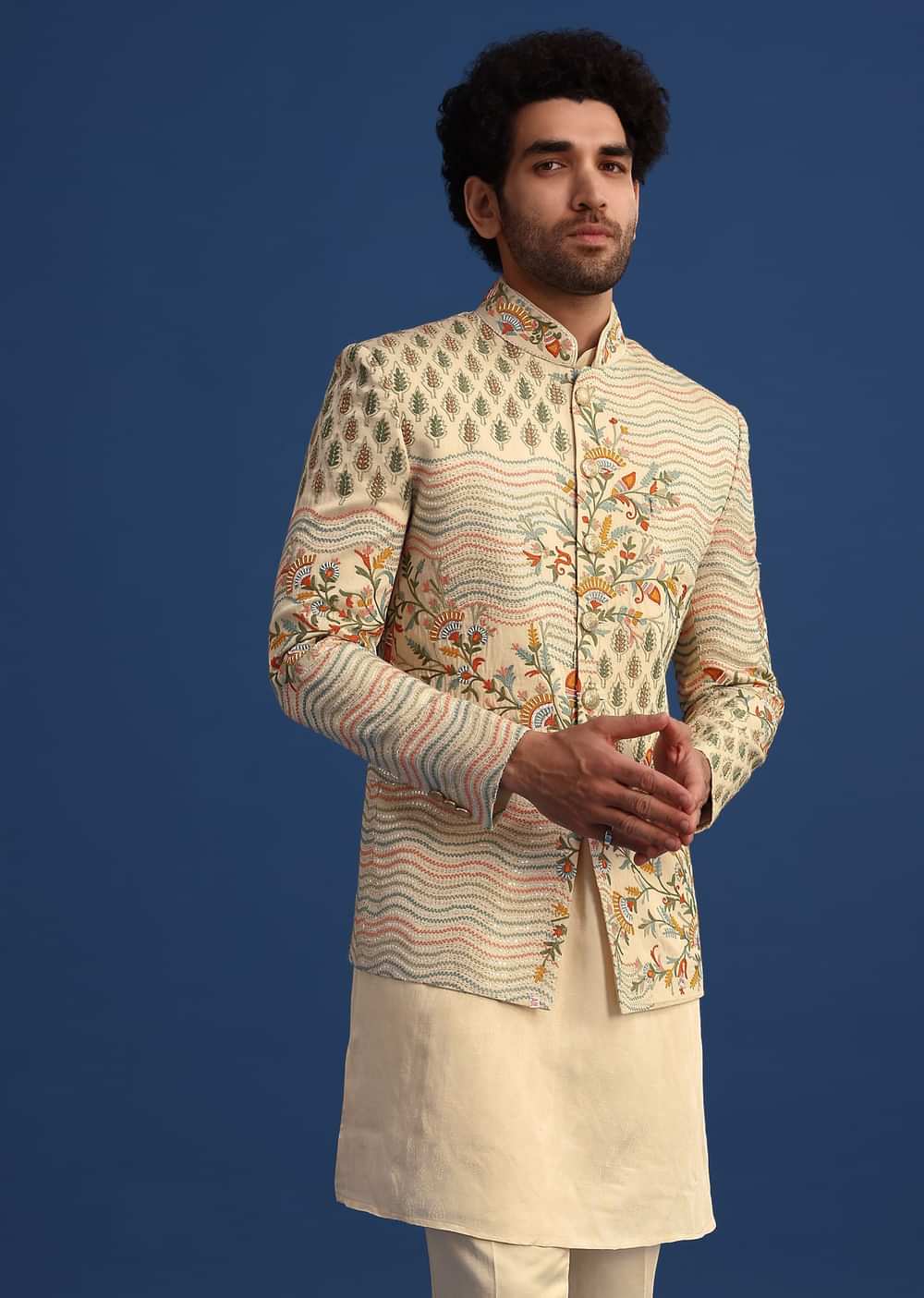 Off White Linen Satin Embroidered Jacket And Kurta Set