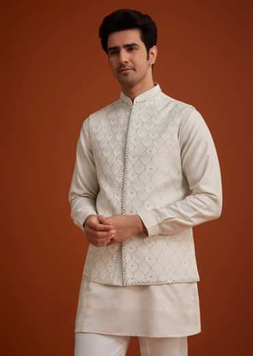 Off White Linen Silk Jacket Set With Zari And Mirror Work