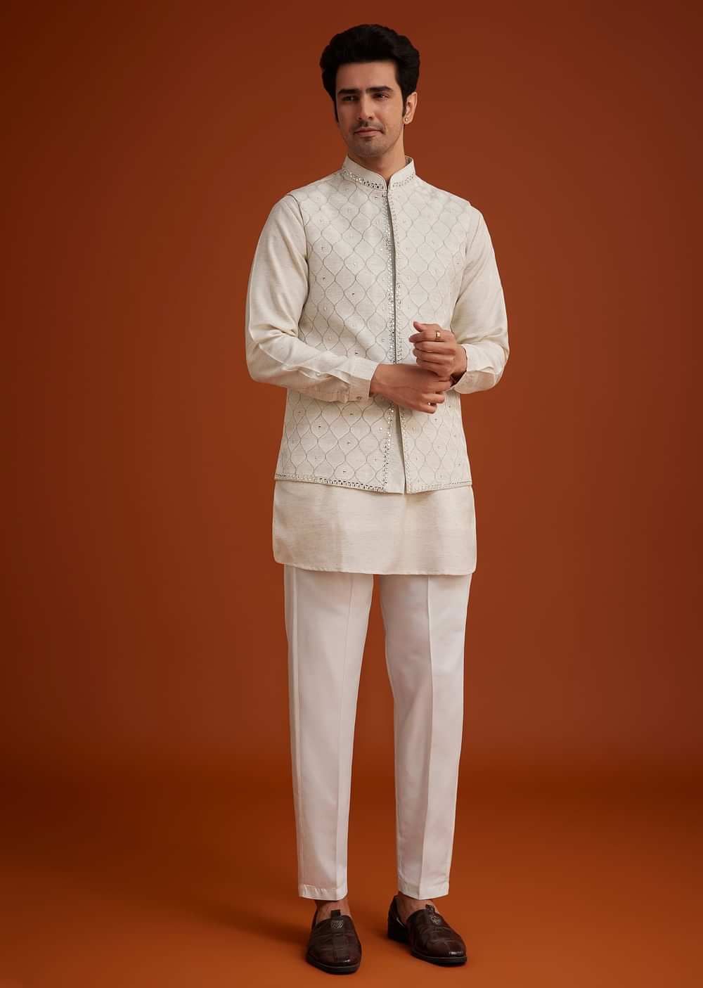 Off White Linen Silk Jacket Set With Zari And Mirror Work