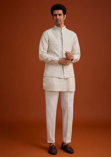 Off White Linen Silk Jacket Set With Zari And Mirror Work