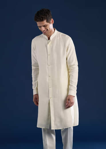 Off White Mens Silk Jacket Kurta Set with Resham Embroidery