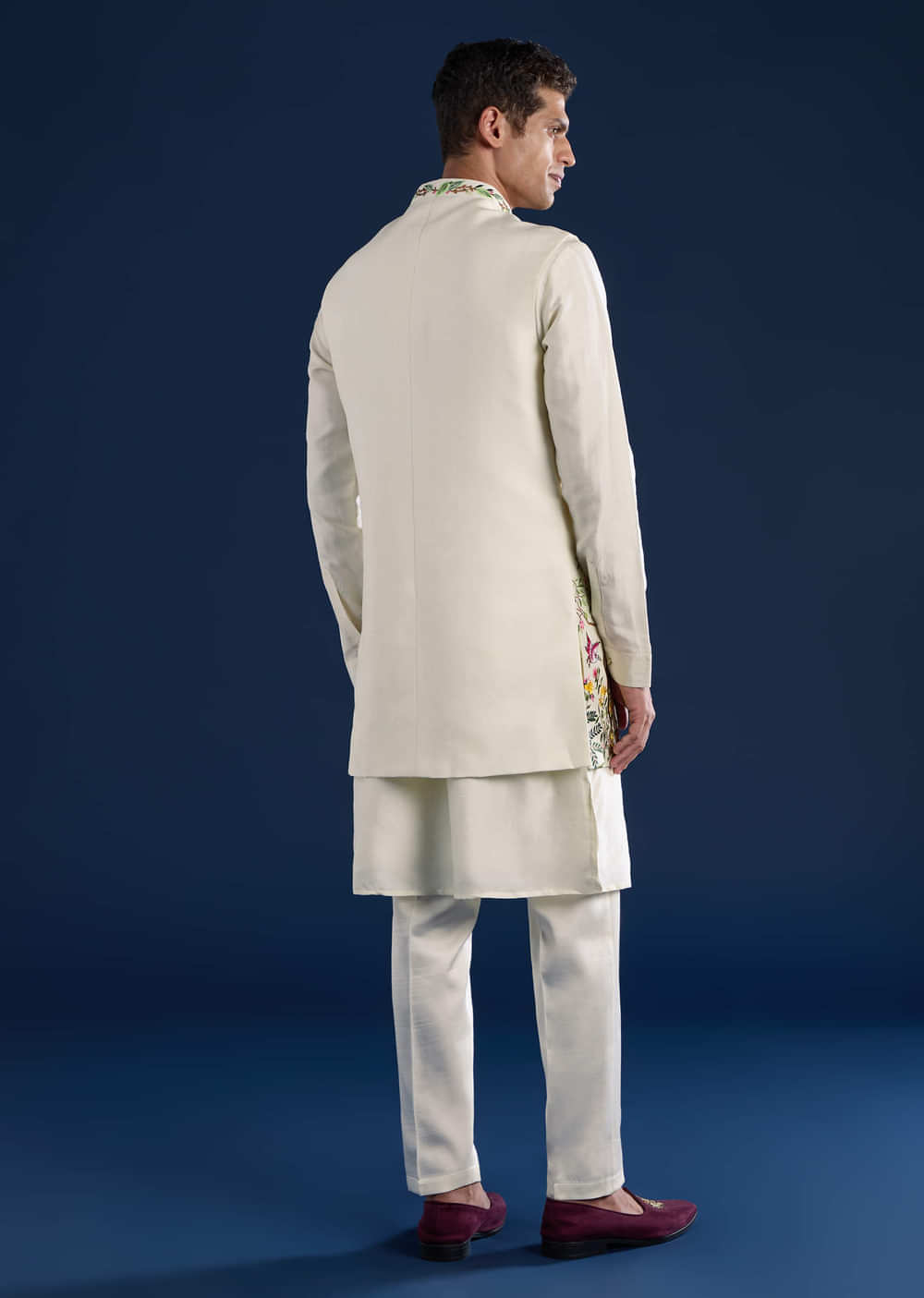 Off White Mens Silk Jacket Kurta Set with Resham Embroidery