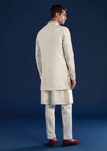 Off White Mens Silk Jacket Kurta Set with Resham Embroidery