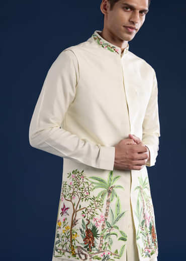 Off White Mens Silk Jacket Kurta Set with Resham Embroidery