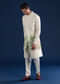 Off White Mens Silk Jacket Kurta Set with Resham Embroidery