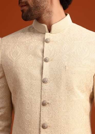 Off White Moonga Silk Embroidered Sherwani Set