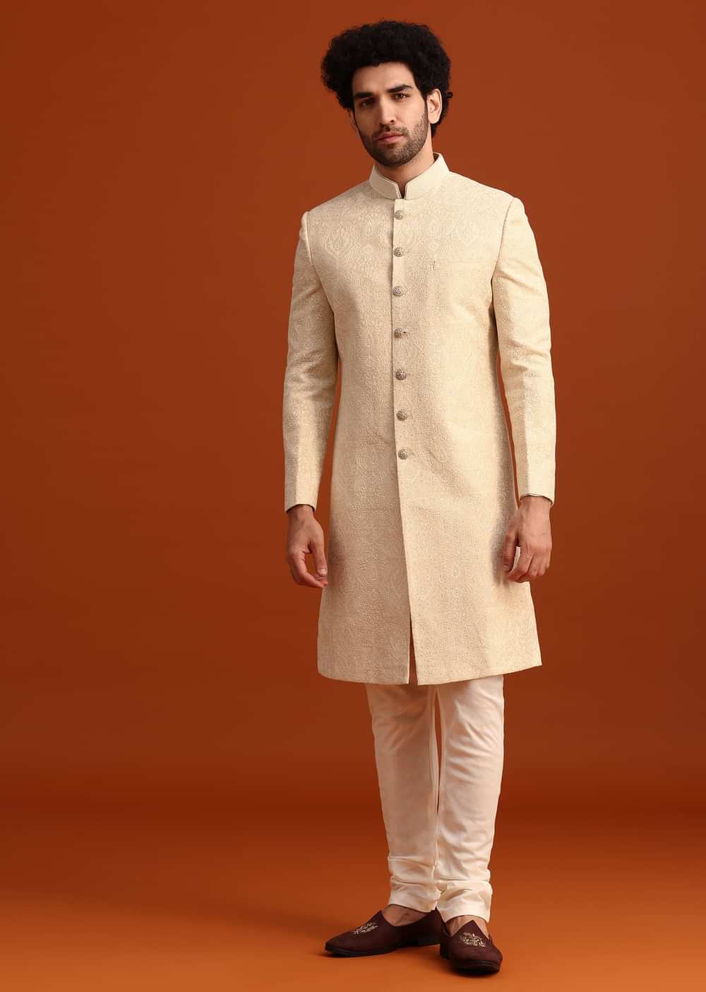 Off White Moonga Silk Embroidered Sherwani Set