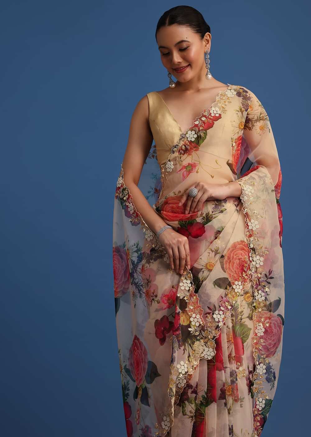 Off White Organza Floral Printed Saree With Embroidered Border