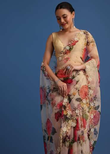 Off White Organza Floral Printed Saree With Embroidered Border