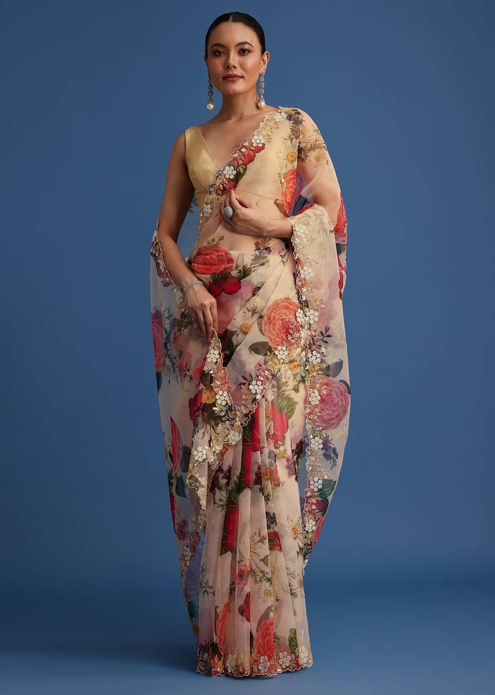 Off White Organza Floral Printed Saree With Embroidered Border