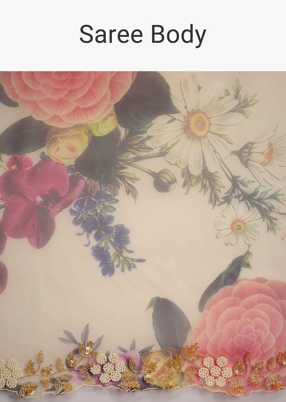 Off White Organza Floral Printed Saree With Embroidered Border