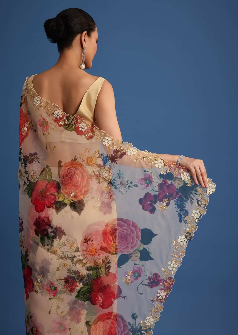 Off White Organza Floral Printed Saree With Embroidered Border