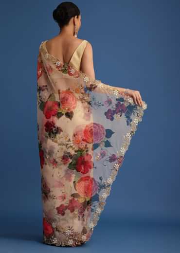 Off White Organza Floral Printed Saree With Embroidered Border