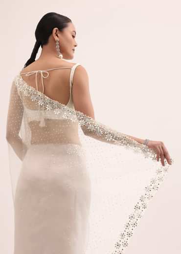 Off White Organza Saree In Sequins With Unstitched Blouse