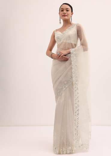 Off White Organza Saree In Sequins With Unstitched Blouse