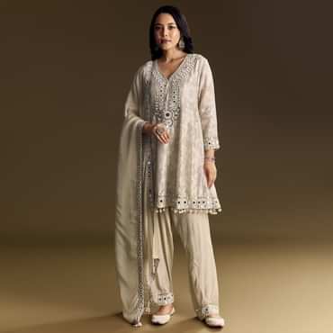 Off White Patiala Suit With Mirror Work Kurta Dupatta
