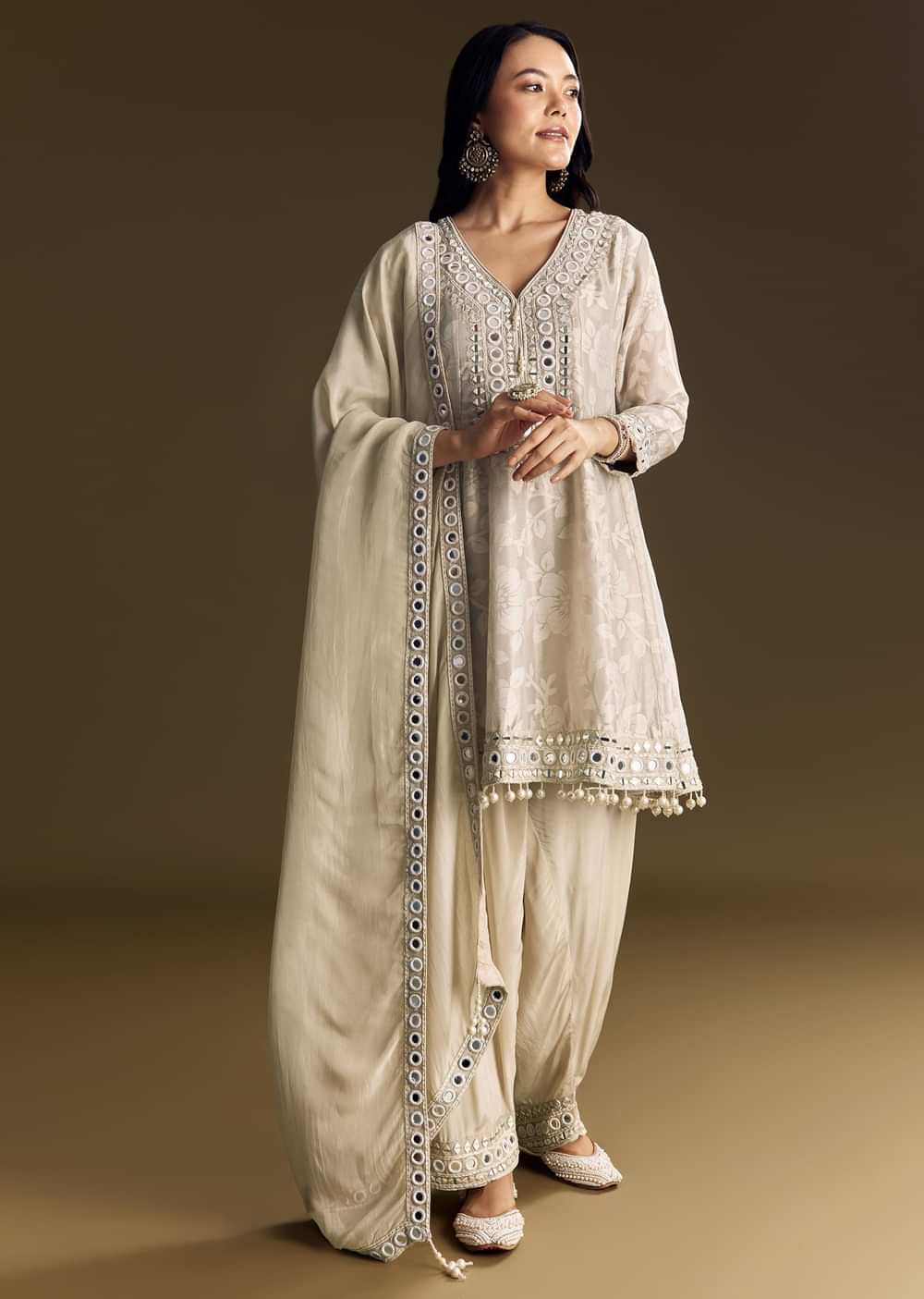 Off White Patiala Suit With Mirror Work Kurta Dupatta