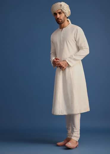 Off White Raw Silk Embroidered Sherwani Suit