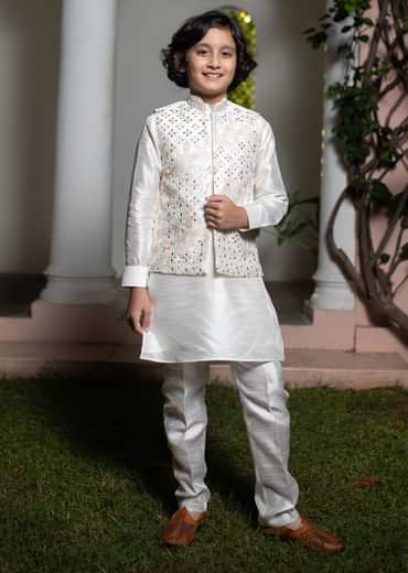 Off White Silk Embroidered Kurta Jacket Set