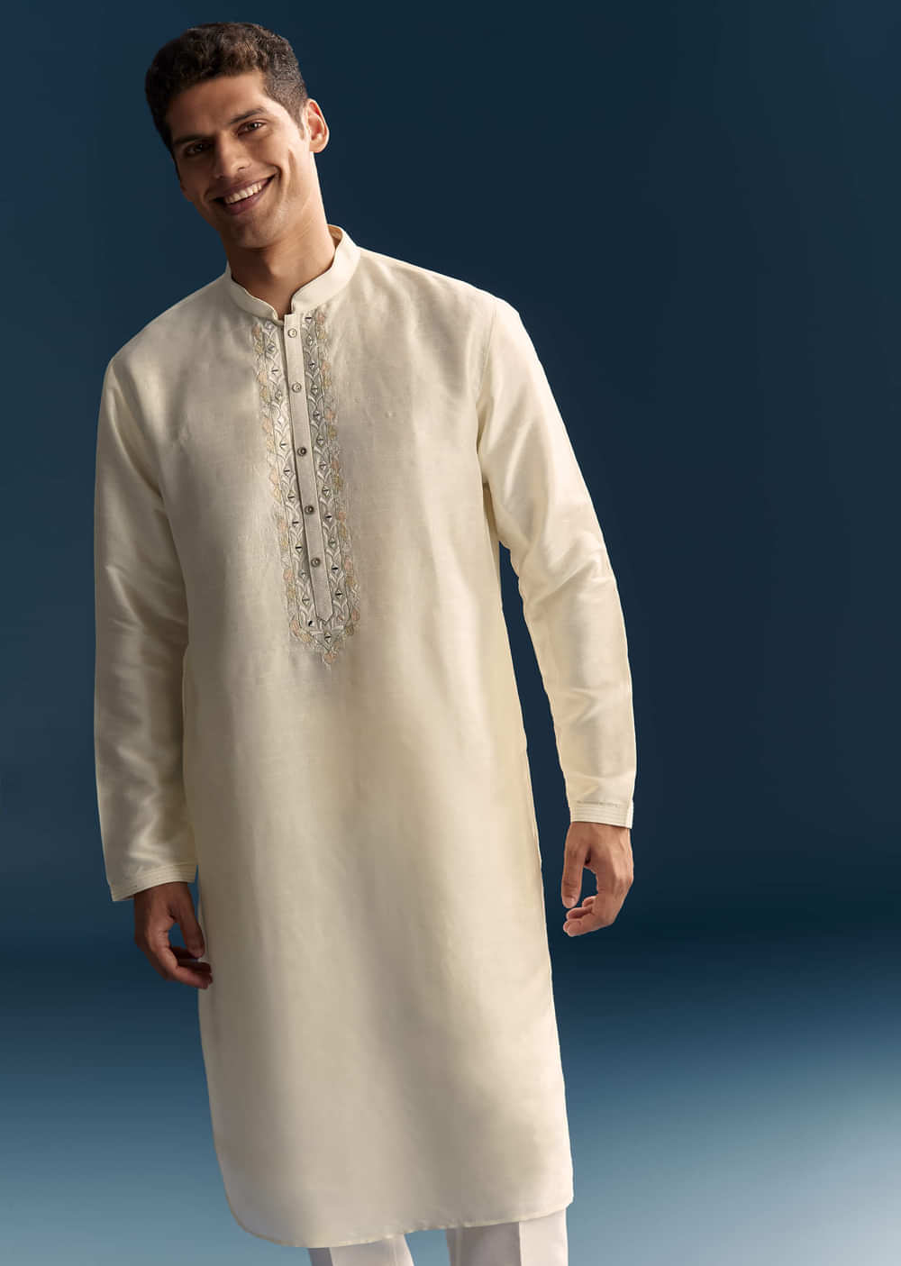 Off White Silk Sherwani For Men With Resham And Mirror Work