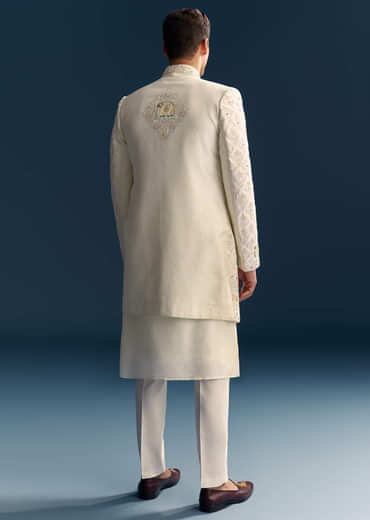 Off White Silk Sherwani For Men With Resham And Mirror Work
