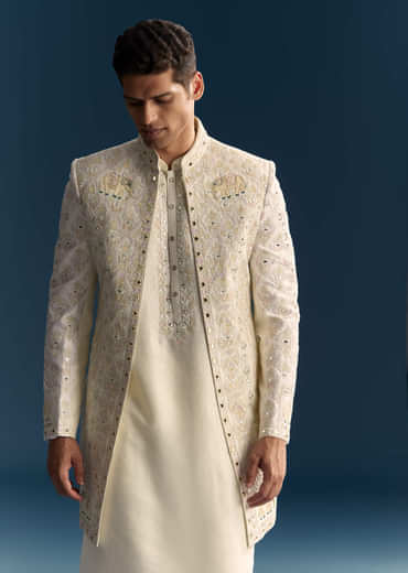 Off White Silk Sherwani For Men With Resham And Mirror Work