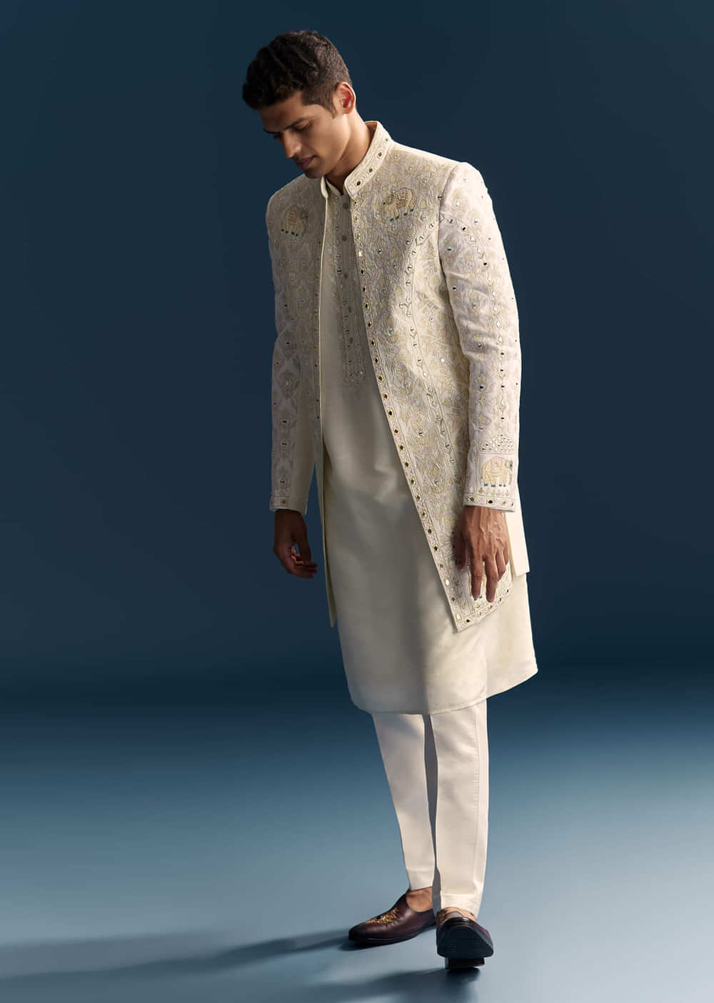 Off White Silk Sherwani For Men With Resham And Mirror Work