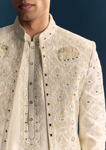 Off White Silk Sherwani For Men With Resham And Mirror Work