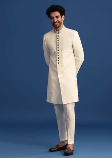 Off White Silk Sherwani Set With Zari Embroidery