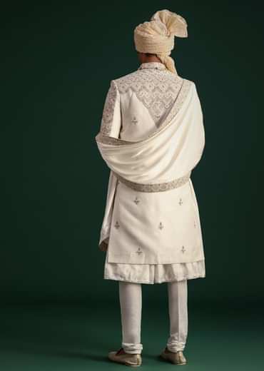 Off White Silk Threadwork Sherwani Suit With Dupatta And Mala