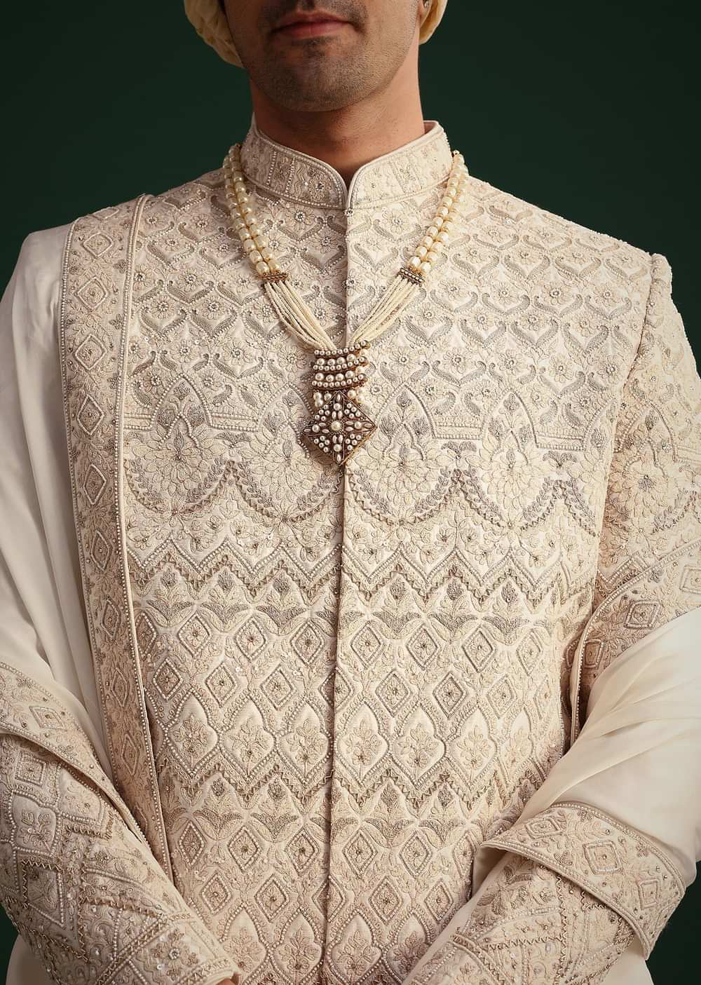 Off White Silk Threadwork Sherwani Suit With Dupatta And Mala