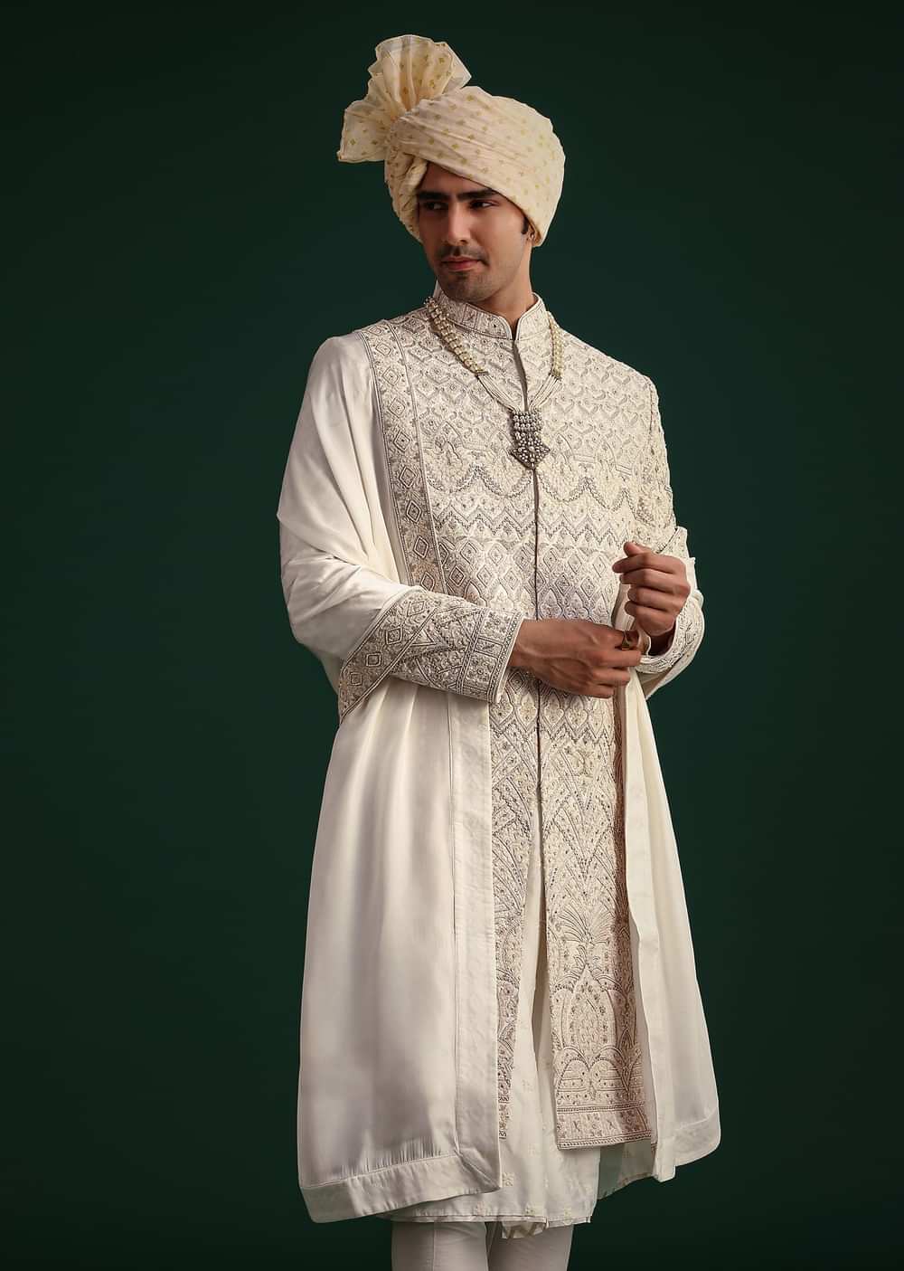 Off White Silk Threadwork Sherwani Suit With Dupatta And Mala
