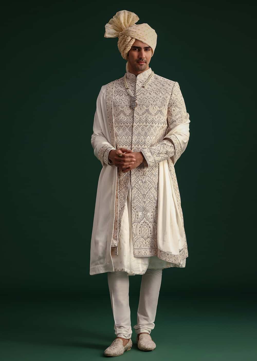Off White Silk Threadwork Sherwani Suit With Dupatta And Mala