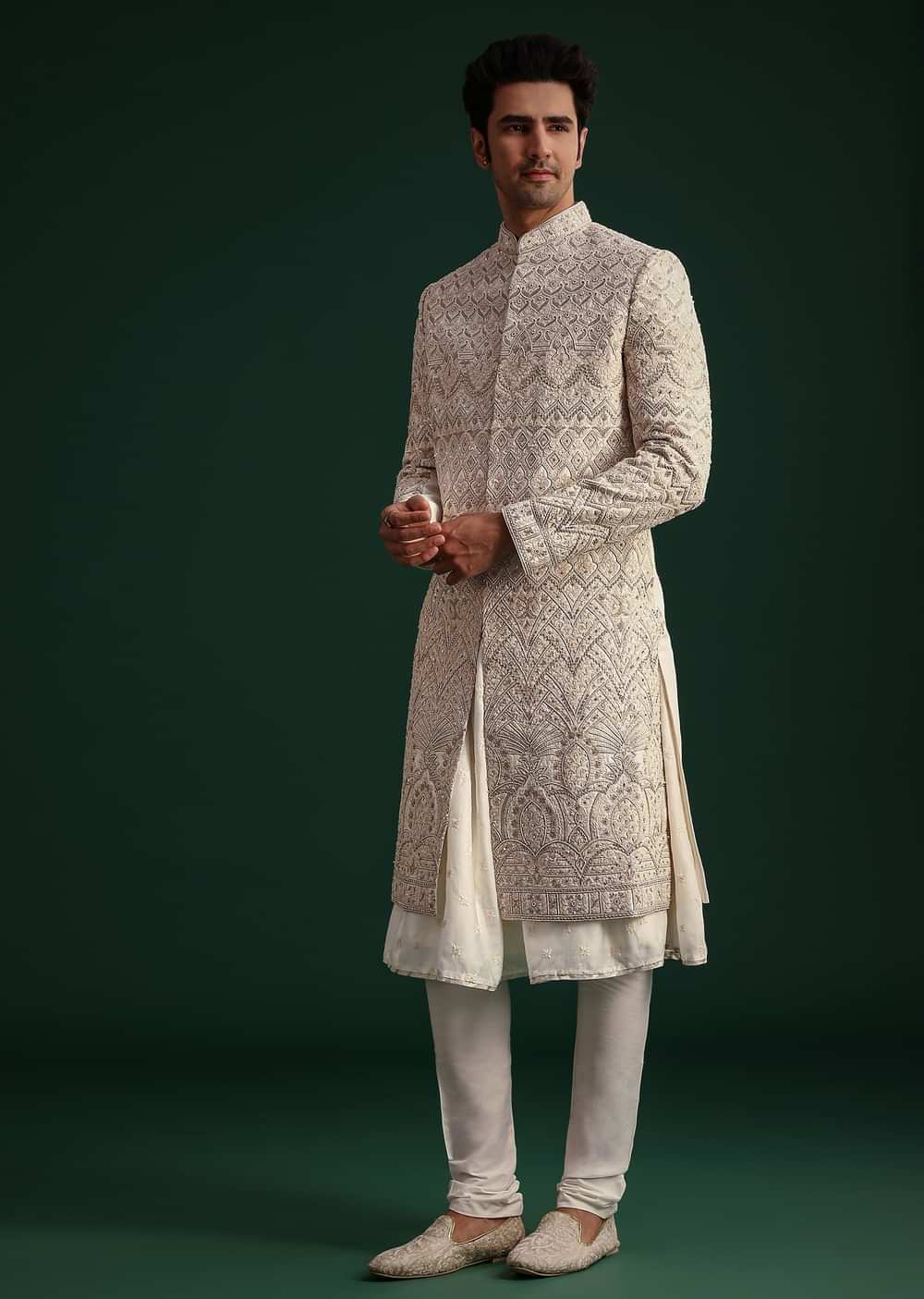 Off White Silk Threadwork Sherwani Suit With Dupatta And Mala