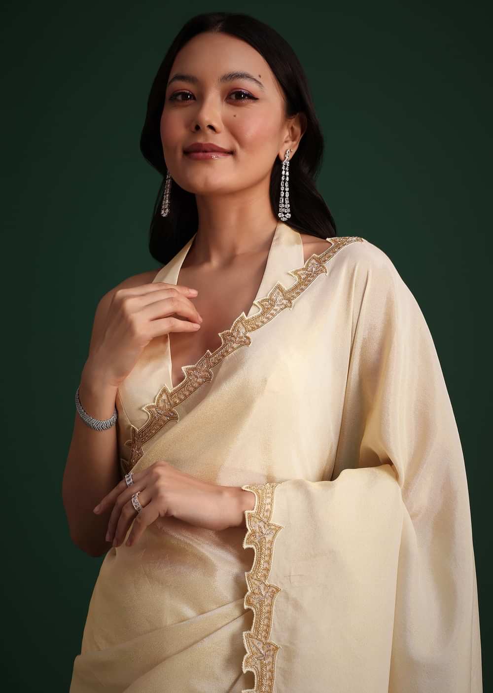 Off White Tissue Cutdana Saree With Cutwork Border