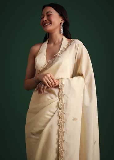 Off White Tissue Cutdana Saree With Cutwork Border