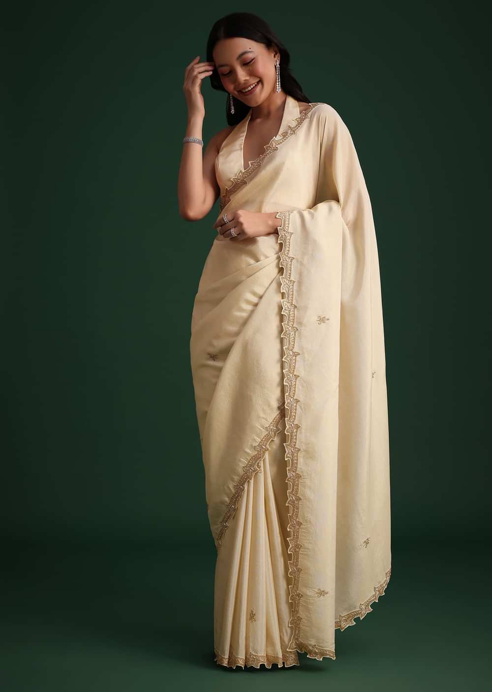 Off White Tissue Cutdana Saree With Cutwork Border