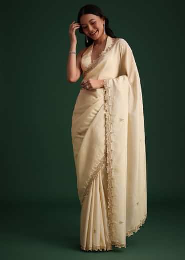 Off White Tissue Cutdana Saree With Cutwork Border