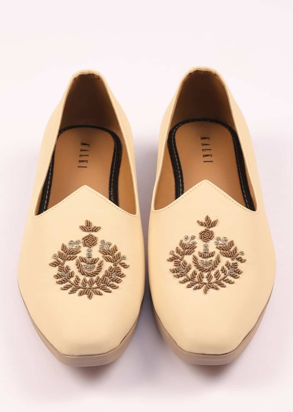 Off White Vegan Leather Jutti With Zardosi Work