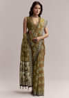 Olive Brown Linen Printed Saree With Handcrafted Ajrakh Print