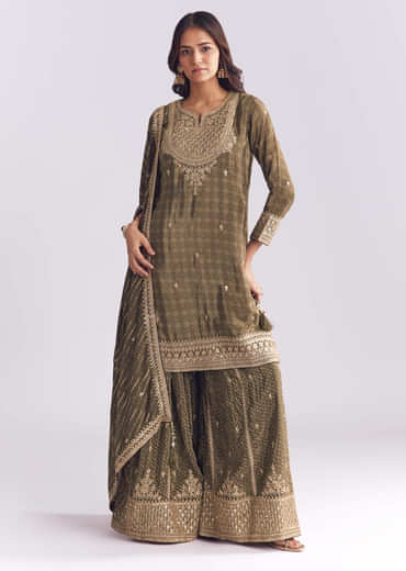 Olive Crepe Bandhani Palazzo Suit With Zari And Sequins Work