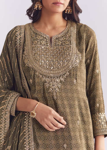 Olive Crepe Bandhani Palazzo Suit With Zari And Sequins Work