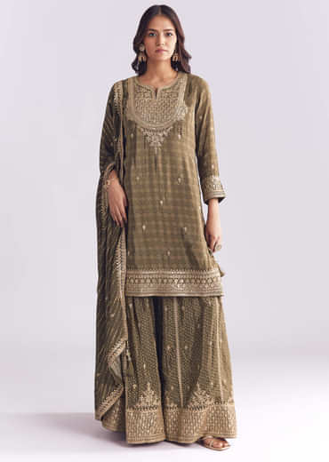 Olive Crepe Bandhani Palazzo Suit With Zari And Sequins Work