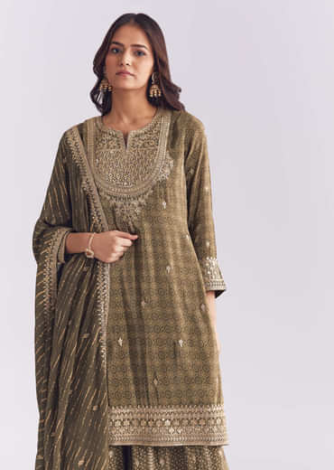 Olive Crepe Bandhani Palazzo Suit With Zari And Sequins Work